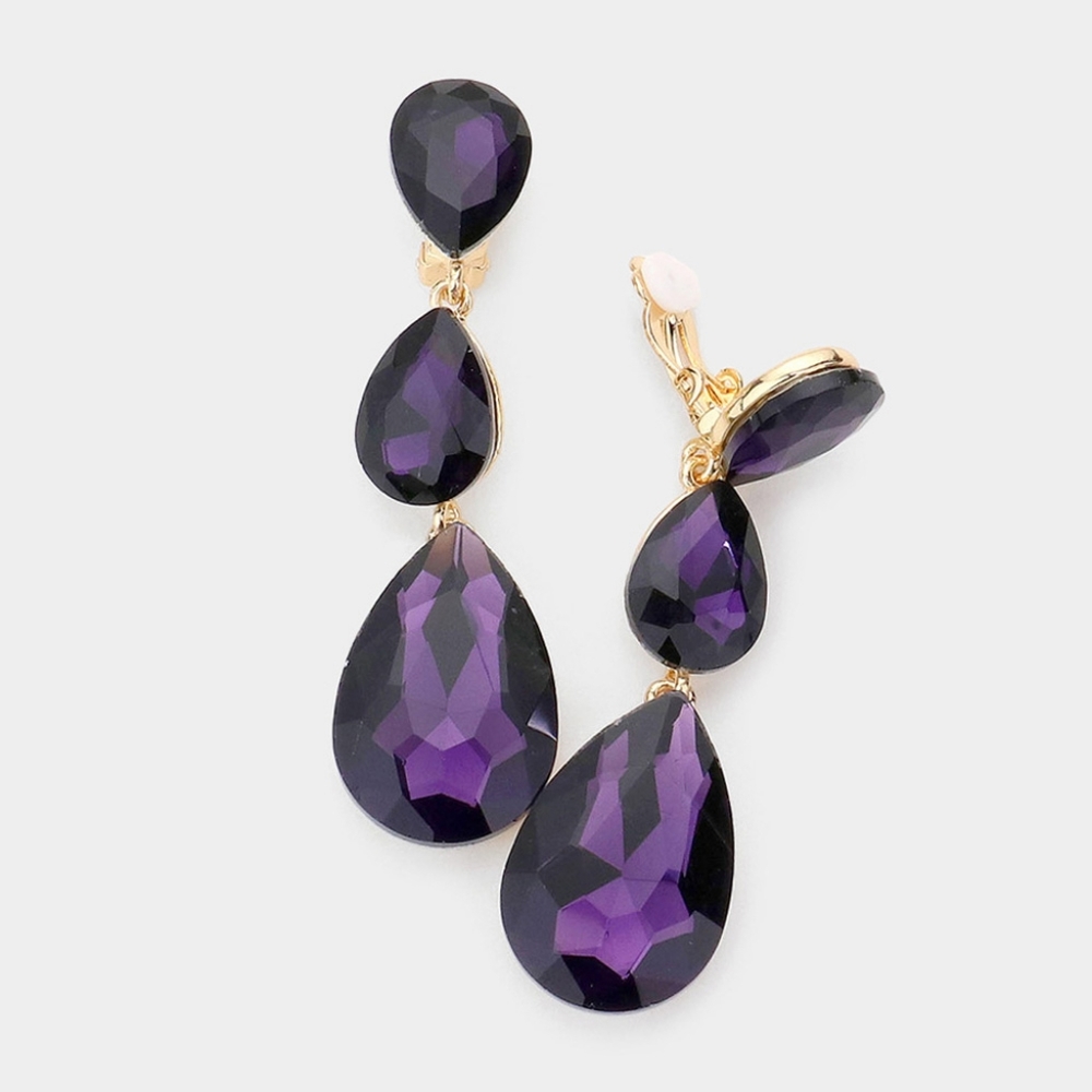 Purple Dangle Crystal Clip On Earrings 3 Inch Triple Tear Drop ClipOns Jewelry